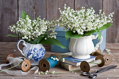 lily putih lembah bunga, buku, lukisan alam benda, benang, bunga lili lembah, gunting, kepang, gelung, Wallpaper HD HD wallpaper