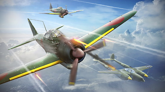 зелено-желтый моноплан, небо, истребитель, арт, американский, самолет, море, японский, тяжелый, WW2, истребитель-носитель, разбитый Lockheed P-38 «Молния», A6M Reisen Zero, HD обои HD wallpaper