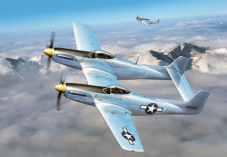 небето, облаци, фигура, изкуство, бойци, P-51, самолет, WW2, американски, многофункционален, F-82, & quot; Мустанги & quot;, HD тапет HD wallpaper