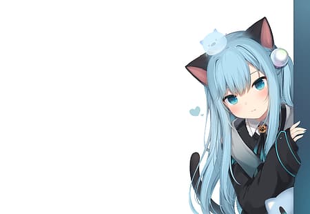 аниме, аниме момичета, nekoha shizuku, Amashiro Natsuki, момиче котка, котешки уши, синя коса, дълга коса, сини очи, сини нокти, бял фон, HD тапет HD wallpaper