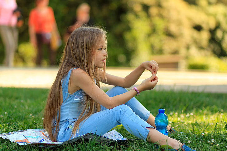 mono azul sin mangas para niña, modelo, niña, joven, Kristina Pimenova, Fondo de pantalla HD