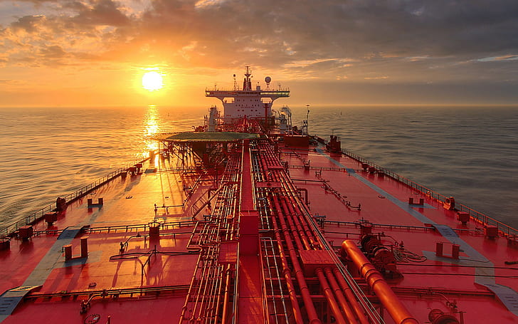 Ship Tanker, SHIP TANKER, SIZE, Red, distance, horizon, sky, clouds, sunrise, Sunset, HD wallpaper