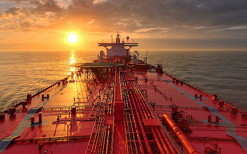 Ship Tanker, SHIP TANKER, SIZE, Red, distance, horizon, sky, clouds, sunrise, Sunset, HD wallpaper HD wallpaper