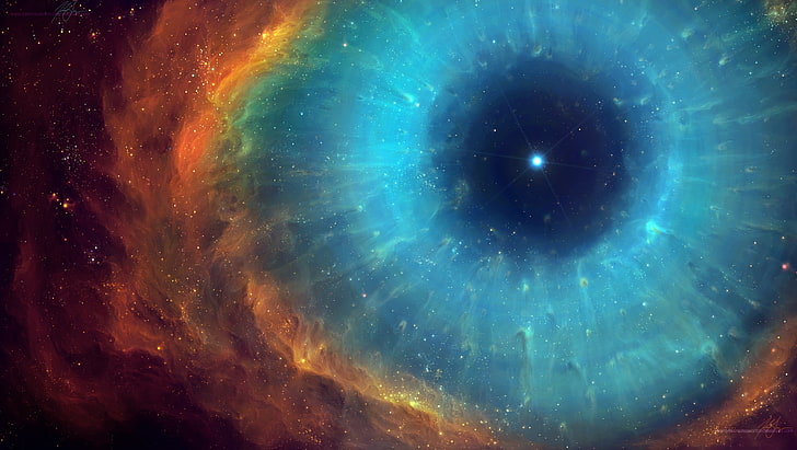 galaxia verde azulado y naranja, universo, ojos, nebulosa, nebulosa de hélice, espacio, estrellas, TylerCreatesWorlds, arte espacial, arte digital, galaxia, rojo, cian, Fondo de pantalla HD