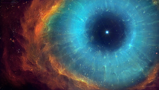 galaxia verde azulado y naranja, universo, ojos, nebulosa, nebulosa de hélice, espacio, estrellas, TylerCreatesWorlds, arte espacial, arte digital, galaxia, rojo, cian, Fondo de pantalla HD HD wallpaper