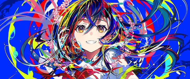mika pikazo, digital art, artwork, illustration, women, anime girls, colorful, multi-colored hair, multi-colored eyes, smiley, HD wallpaper