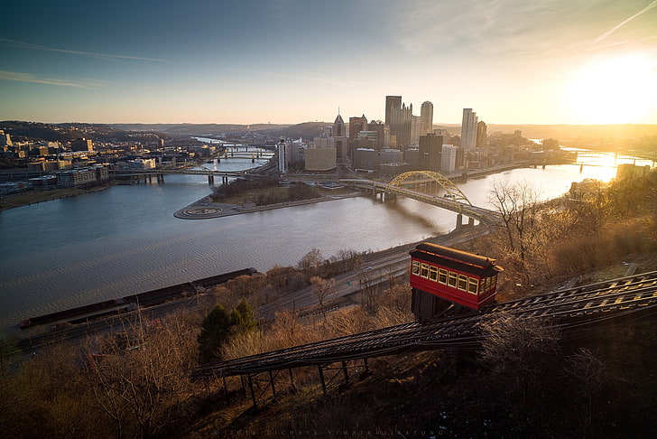 stadsbild, flod, Pittsburgh, spårvagn, HD tapet