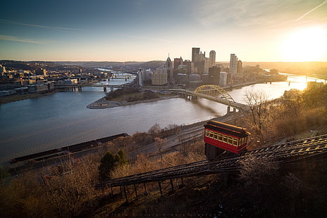 都市の景観、川、ピッツバーグ、トラム、 HDデスクトップの壁紙 HD wallpaper