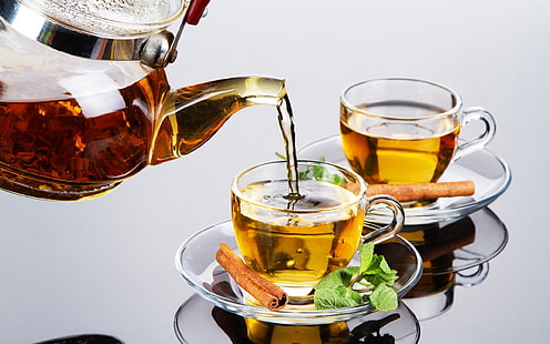 прозрачный стеклянный чайник, чай, корица, мята, напиток, HD обои HD wallpaper