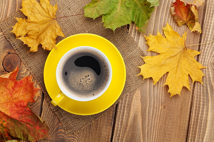 coffee, Fall, Maple Leaves, Mugs, table, HD wallpaper