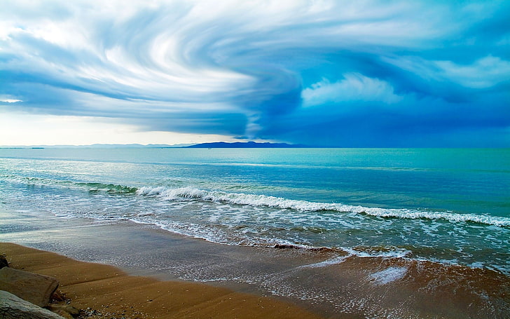 fotografia chmur i morza, tornado, plaża, wybrzeże, chmury, piasek, morze, Tapety HD