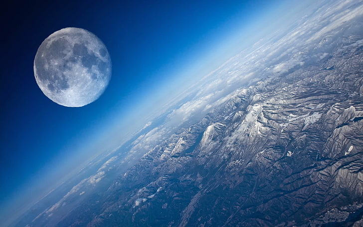 Planet Earth Satellite Moon, full moon, 3D, Space, moon, earth, mountain, HD wallpaper