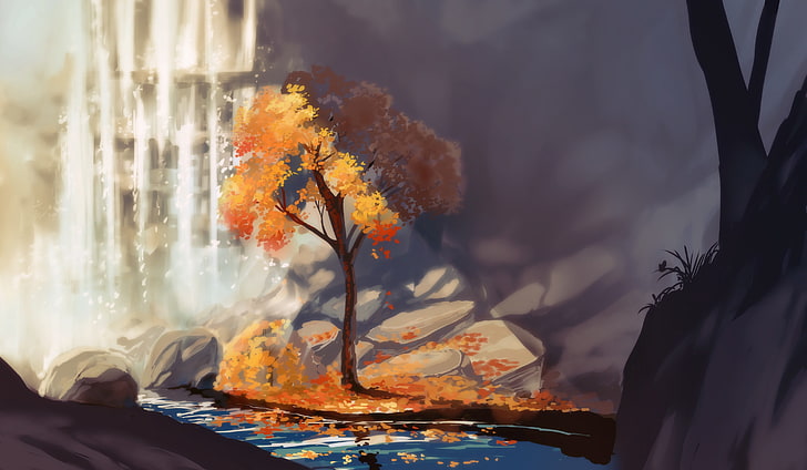 lukisan pohon berdaun coklat, tanpa judul, seni digital, alam, pohon, air, batu, daun, jatuh, air terjun, Wallpaper HD