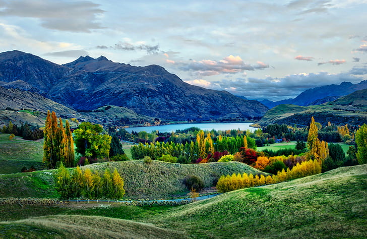 green covered mountains under gray cloud yskies, View, Sir Michael, hill's, Home, green, covered, mountains, gray, Autumn, New Zealand, Queenstown, com, RR, Daily, Photo, Horizontal, Colour, Color, Art, Sculpture, Golf Course, Bridge, Pond, Sunset  Man, Reflection, Water  Sky, Cloud, Green  Grass, Grass  Blue, White, Tussock, Trees, Willow, Mountain, Rock, Stone, Glare, Sun, Orange, Yellow, Brown, Fawn, Dusk, Red, Metal, Standing, Otago, South Island, Michael Hill, Millbrook, Arrowtown, outdoor, serene, bright, landscape, Hasselblad, nature, scenics, forest, tree, outdoors, hill, summer, meadow, europe, rural Scene, beauty In Nature, sky, european Alps, grass, green Color, HD wallpaper