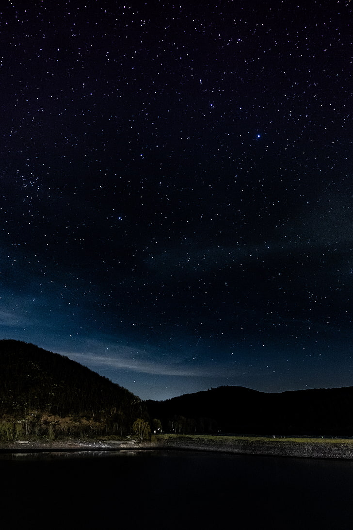 body of water, starry sky, stars, trees, night, eifel national park, germany, HD wallpaper