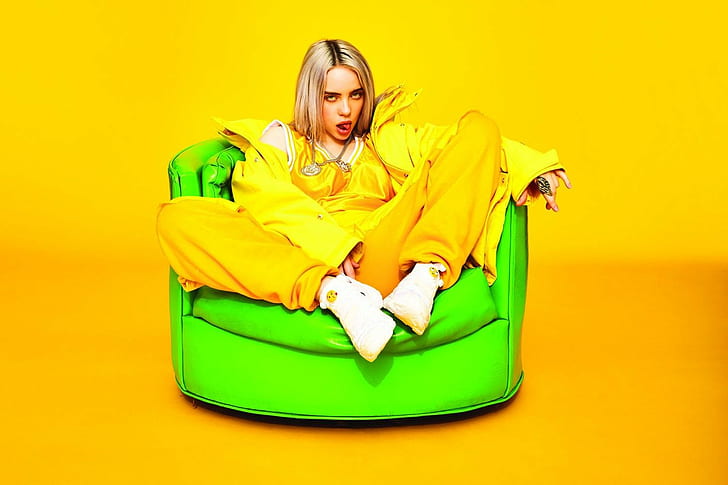 Billie Eilish, singer, tongue out, yellow background, women, HD wallpaper