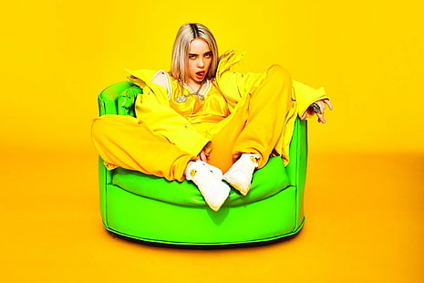 Billie Eilish, singer, tongue out, yellow background, women, HD wallpaper HD wallpaper