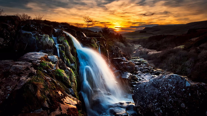 landscape, river endrick, united kingdom, endrick falls, loup of fintry, scotland, river, formation, stream, waterfall, mountain, rock, sky, body of water, water, nature, sunset, HD wallpaper