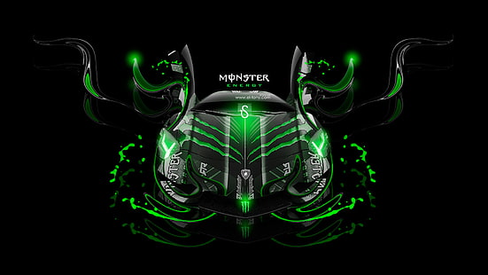 zielona ilustracja Monster Energy, czarny, Lamborghini, neon, zielony, tło, fantasy, Photoshop, projekt, Monster Energy, Aventador, efekty, el Tony Cars, Tony Kokhan, Tapety HD HD wallpaper