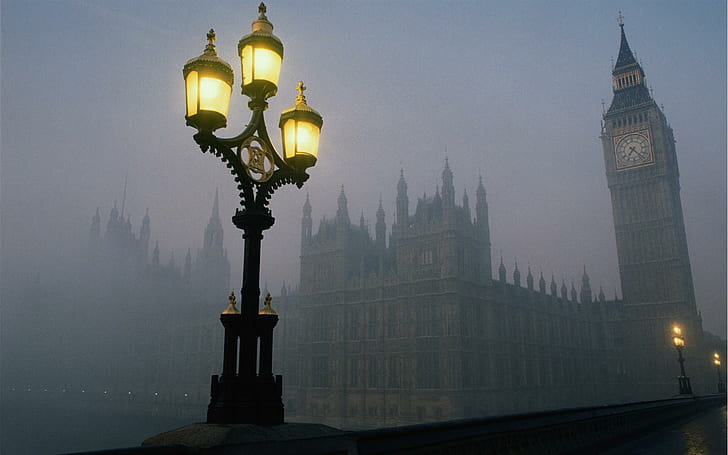 Туманный лондон, вестминстерский дворец, фонарь, англия, лондон, здание парламента, животные, HD обои