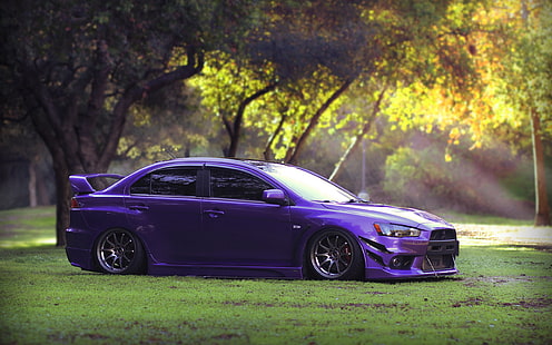 purple Mitsubishi Lancer sedan, tuning, Mitsubishi, stance, mitsubishi lancer evo x, HD wallpaper HD wallpaper