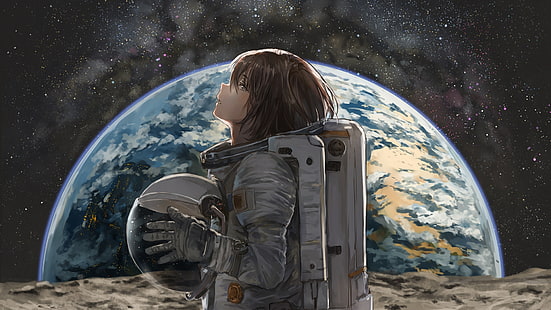 космос, аниме, аниме девушки, космическое искусство, космонавт, брюнетка, шлем, планета, HD обои HD wallpaper