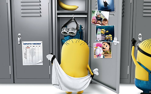 цифрови арт филми миньони банани шкафчета съблекалня гащеризони гащеризони, HD тапет HD wallpaper