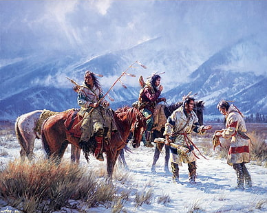 cavalo marrom e branco, nativos americanos, natureza, obra de arte, HD papel de parede HD wallpaper