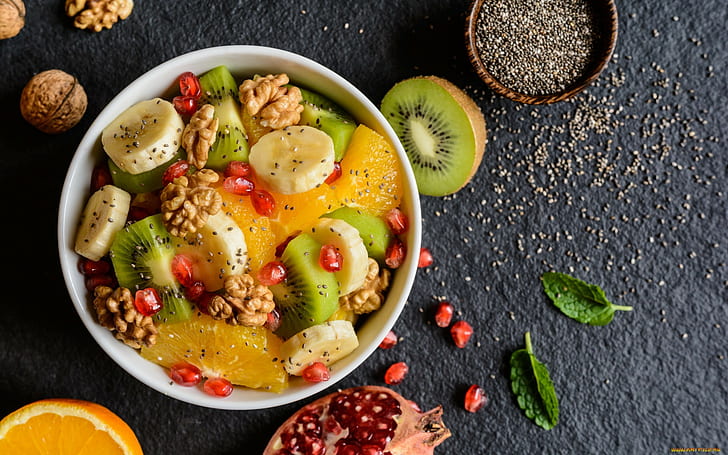 food, fruit, kiwi (fruit), salad, bananas, pomegranate, top view, HD wallpaper