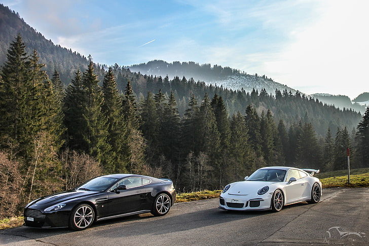 две черно-бели купета, кола, Porsche, Porsche 911 GT3, Aston Martin, Aston Martin V12 Vantage, спортна кола, пейзаж, планини, небе, състезателни автомобили, HD тапет