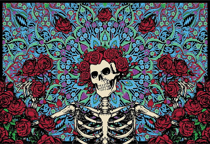 red, blue, and white floral textile, skeleton, skull, Dia de los Muertos, Grateful Dead, Begonias, rose, HD wallpaper