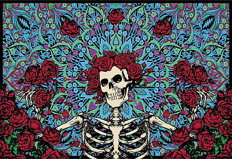 merah, biru, dan tekstil bunga putih, kerangka, tengkorak, Dia de los Muertos, Grateful Dead, Begonias, rose, Wallpaper HD HD wallpaper