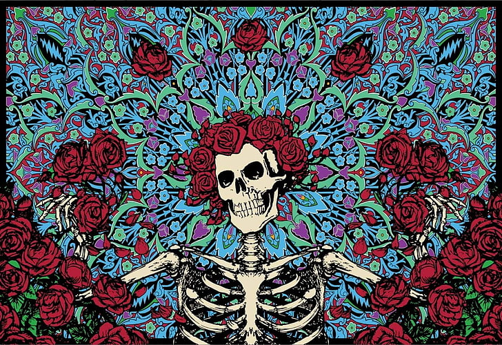 череп, роза, бегонии, скелет, благодарни мъртви, Диа де лос Муертос, HD тапет