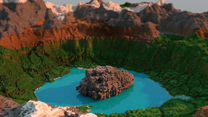 gray rock formation, photo of green and brown rock mountain and islet in the middle of lake, Minecraft, video games, tilt shift, landscape, HD wallpaper