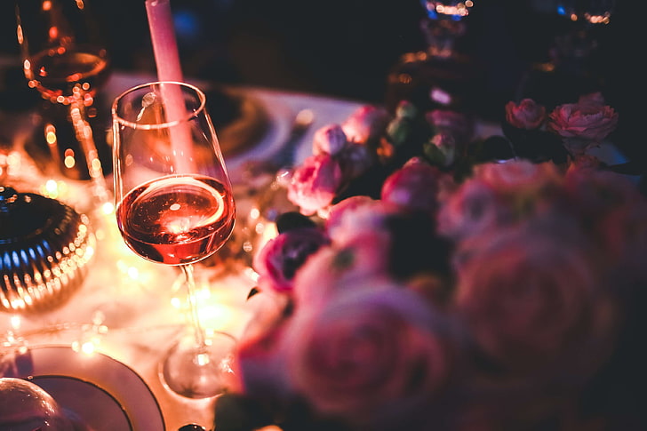 alcohol, anniversary, candle, celebration, champagne, christmas, color, dark, decoration, drink, eve, evening, flame, glass, lights, night, occasion, party, pink, romance, romantic, rose, single, wi, HD wallpaper