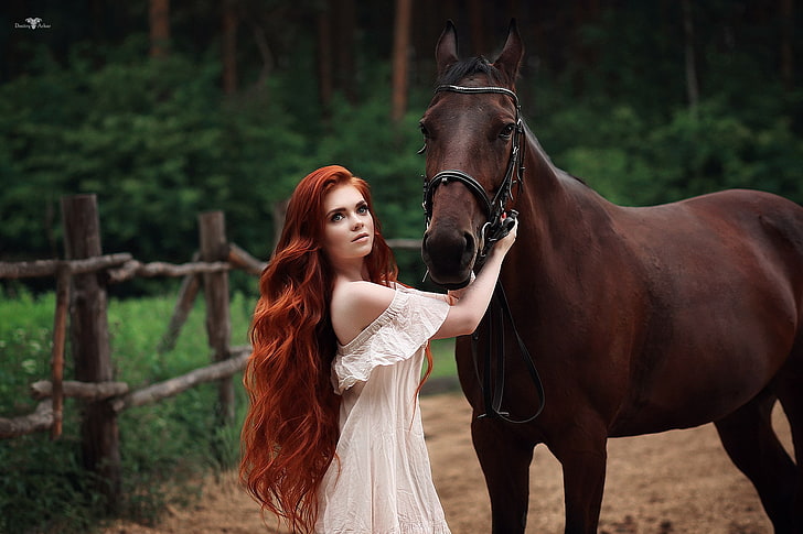 horse, bare shoulders, redhead, wavy hair, Dmitry Arhar, no bra, Katerina, blue eyes, face, women outdoors, long hair, dress, women, HD wallpaper