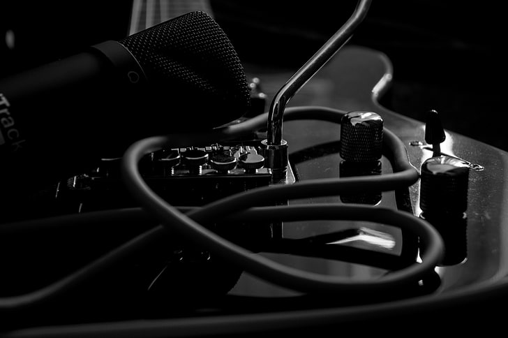 condenser microphone and electric guitar, music, guitar, musical instrument, monochrome, microphone, HD wallpaper