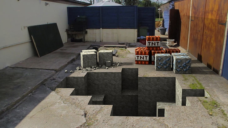 pavimento de hormigón gris y cubierta negra rectangular, Minecraft, videojuegos, realidad aumentada, Fondo de pantalla HD