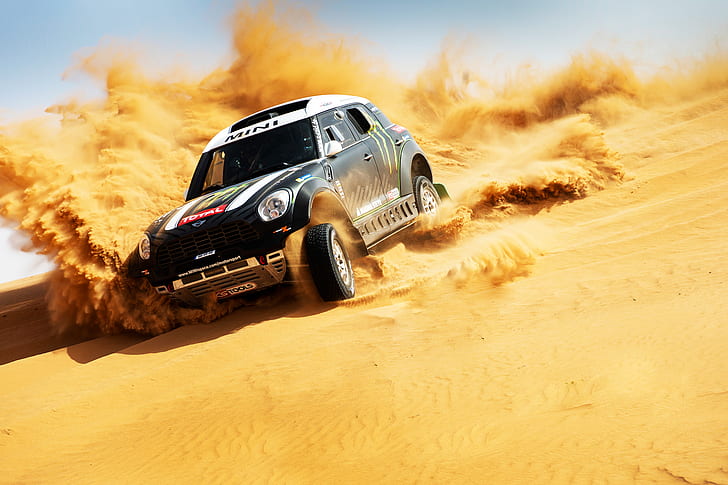 Rajd, pustynia, piasek, samochód, samochody wyścigowe, pojazd, wyścigi, Mini Cooper, Tapety HD