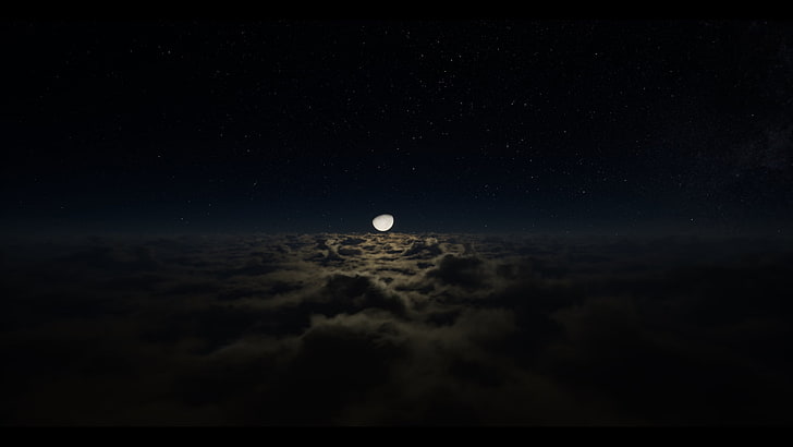 czarno-szary laptop, noc, niebo, chmury, księżyc, renderowanie, gwiazdy, Tapety HD