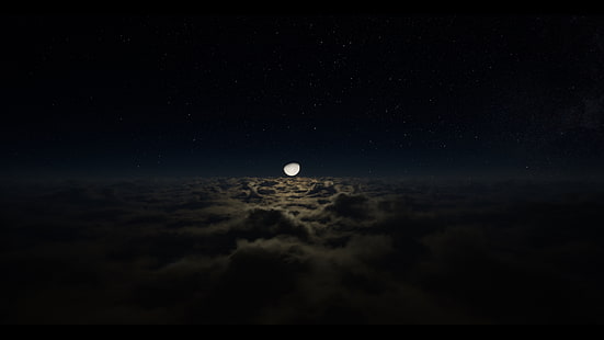 svart och grå bärbar dator, natt, himmel, moln, måne, rendering, stjärnor, HD tapet HD wallpaper