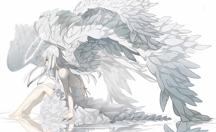 angel girl, wings, profile view, white dress, feathers, Anime, HD wallpaper