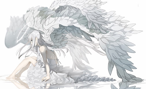 angel girl, alas, vista de perfil, vestido blanco, plumas, Anime, Fondo de pantalla HD HD wallpaper