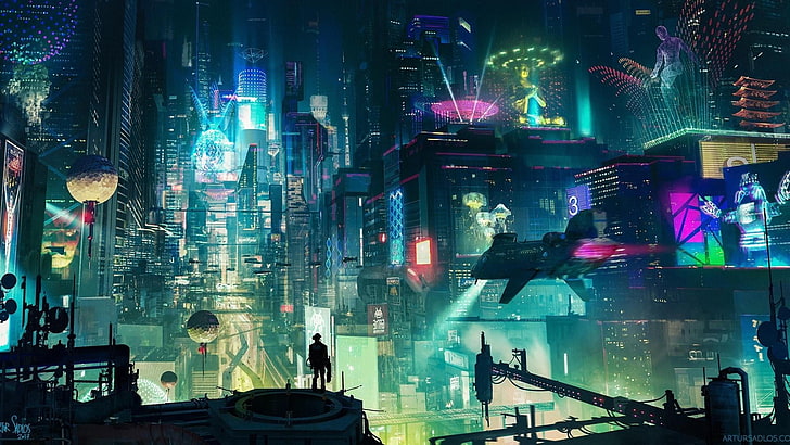 cidade cyberpunk, cyberpunk, cidade, luzes de néon, trabalho artístico, arte, ficção científica, ficção científica, luzes da cidade, cidade futurista, cidade da fantasia, arte da fantasia, HD papel de parede