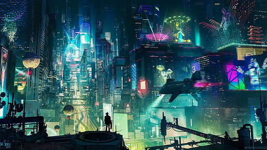 ville cyberpunk, cyberpunk, ville, néons, œuvres d'art, art, scifi, science fiction, lumières de la ville, ville futuriste, ville fantastique, art fantastique, Fond d'écran HD HD wallpaper