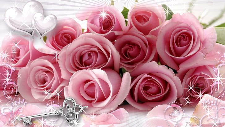 Pink Valentine Special, roses, stars, sparkles, bouquet, silver key, pink roses, valentines day, hearts, 3d and abstract, HD wallpaper