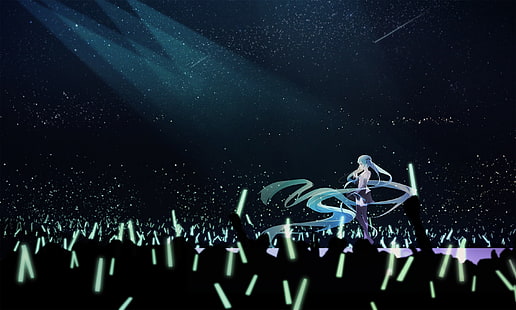 Hatsune Miku, аниме, аниме девушки, два хвостика, Vocaloid, Hatsune Miku, синие волосы, концерты, музыка, толпа, длинные волосы, голубые глаза, юбка, ботинки, бедра, галстук, отстегивающиеся рукава, HD обои HD wallpaper