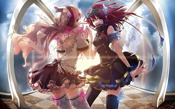 duas personagens de anime feminino em vestidos papel de parede, céu, nuvens, borboleta, alegria, meninas, asas, cruz, anime, arte, arcos, plastick, HD papel de parede