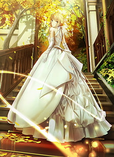 желтоволосая женщина в свадебном платье, аниме-персонаж, плакат, сабля, платье, аниме, Fate / Stay Night, сабля лилия, свадебное платье, лента, косы, лестница, лепестки, деревья, аниме девушки, HD обои HD wallpaper