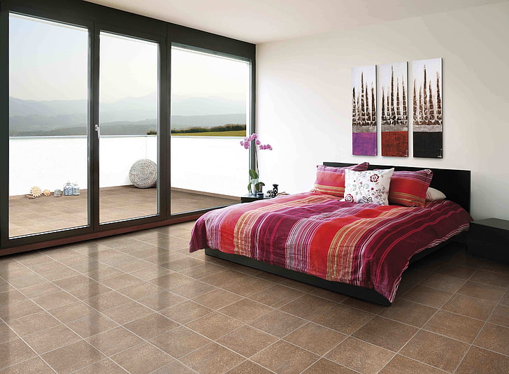 purple and white striped bed comforter set, bedroom, design, interior, bed, doors, high-tech, HD wallpaper